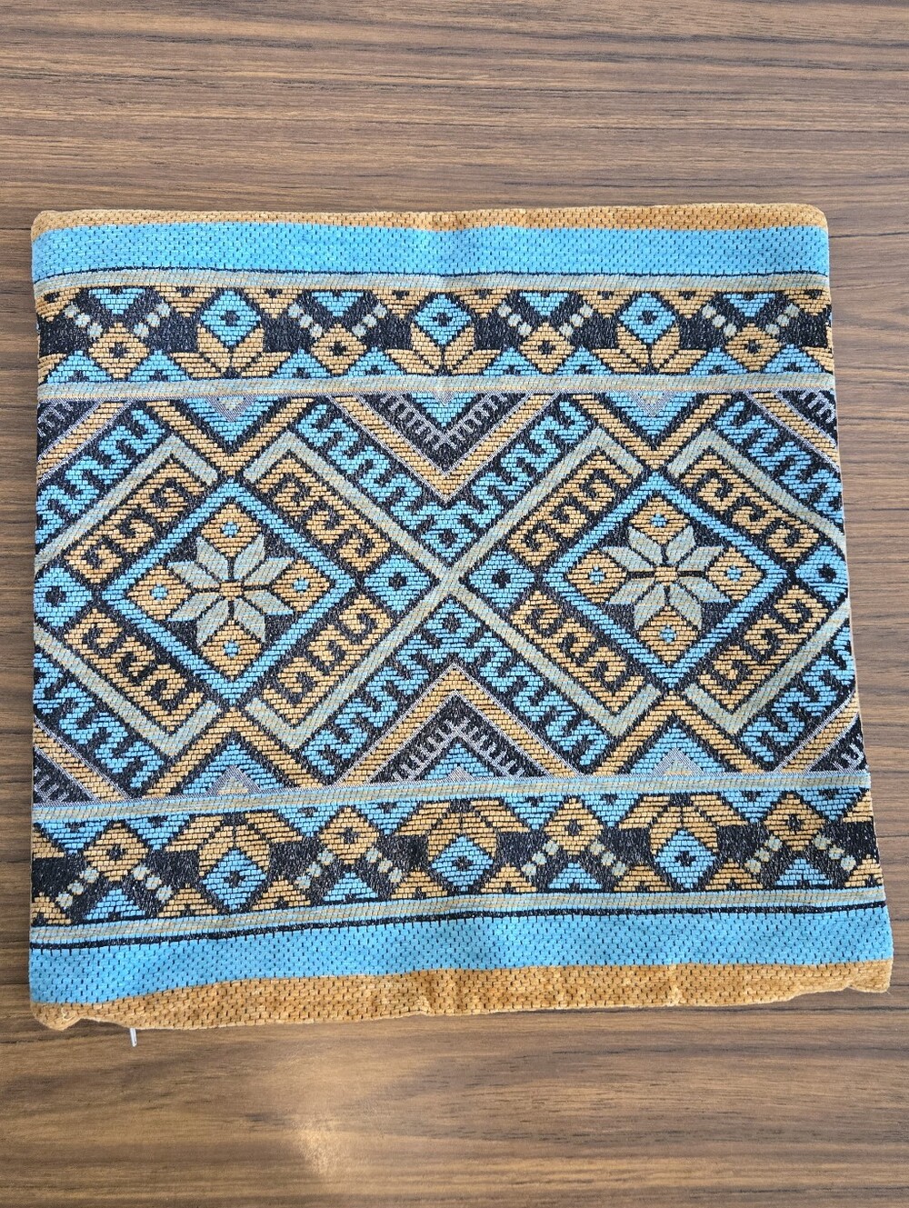 Hand Crafted Boho Turkish Style Decorative Cushion Blue Gold 17" X 17" Flaw